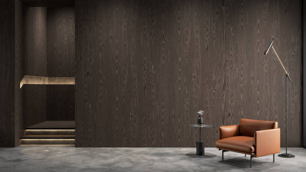 istock Modern wooden interior with orange armchair, wall panel and decor. 3d render illustration mock up. 1331883635