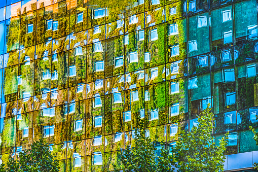 Modern Buildings Green Yellow Blue Reflection Abstract Santiago Chile
