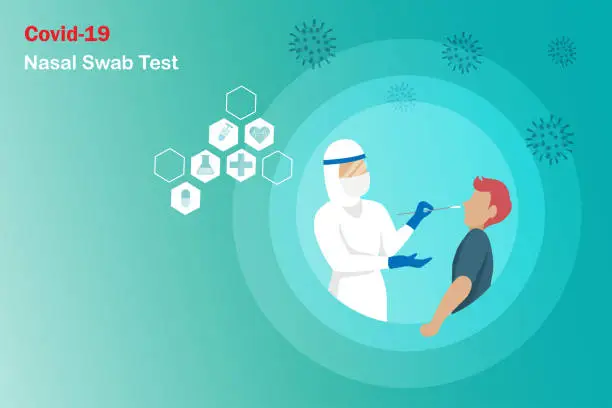 Vector illustration of Doctor in PE suit using nasal swab stick on patient nose testing for Covid-19 coronavirus. Medical and healthcare, covid-19 test and diagnostic.