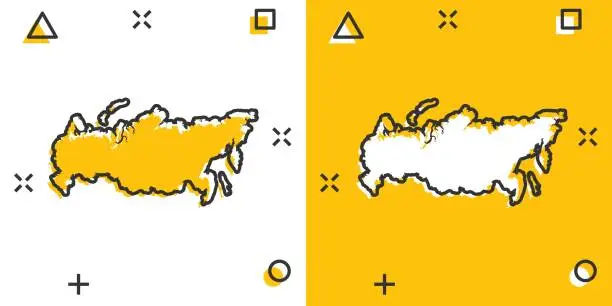 Vector illustration of Cartoon colored Russia map icon in comic style. Russian Federation sign illustration pictogram. Country geography splash business concept.