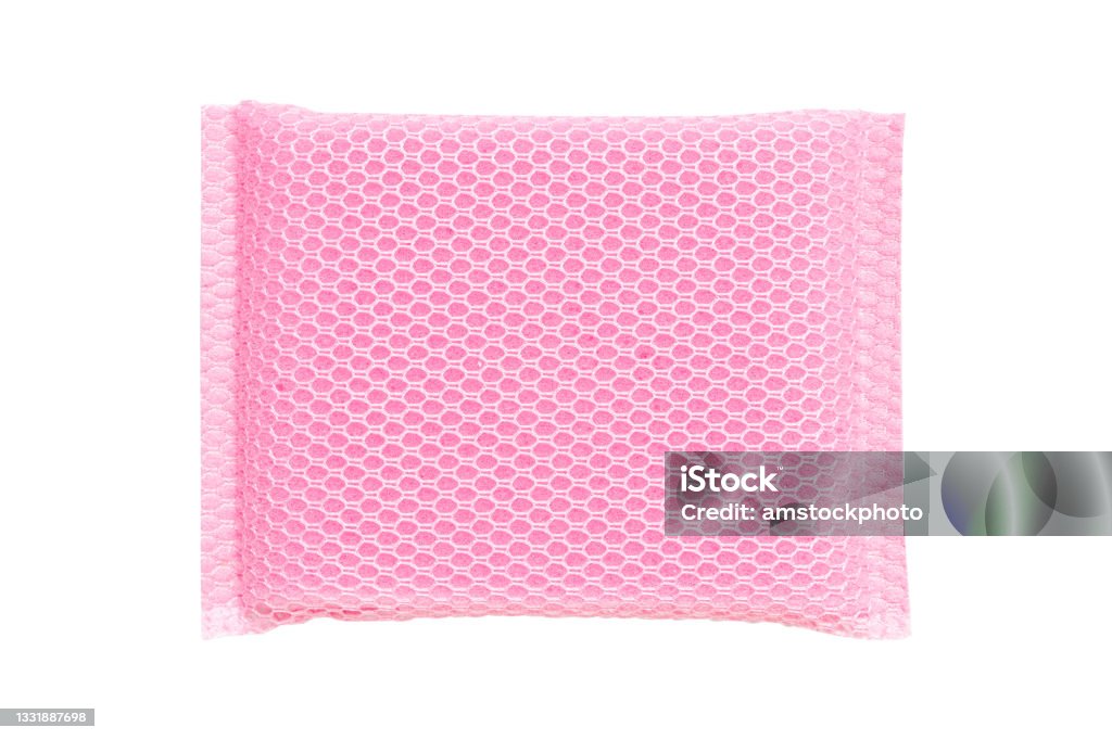 Pink Dish Sponge Net Isolated On White Background Stock Photo