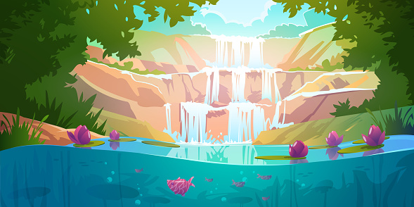 Cascade waterfall in forest. Paradise landscape with river flowing off mountains, green trees and lake with pink lotus and fish. Vector cartoon illustration of water stream falls off rocks in jungle