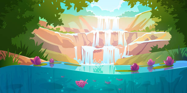 Landscape with cascade waterfall in forest Cascade waterfall in forest. Paradise landscape with river flowing off mountains, green trees and lake with pink lotus and fish. Vector cartoon illustration of water stream falls off rocks in jungle river background stock illustrations