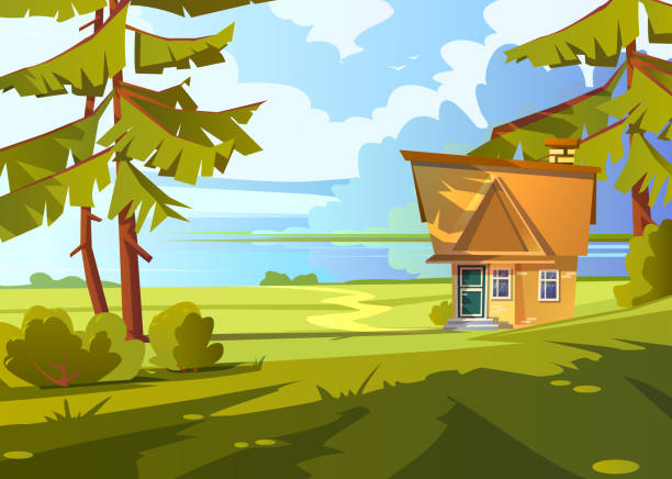 ilustrações de stock, clip art, desenhos animados e ícones de summer landscape with brick house on lake shore - fishing hut