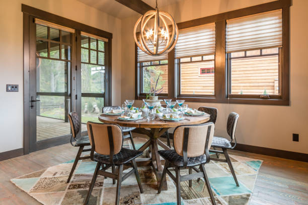 istock Very cool upholstered chairs in dining area 1331888657