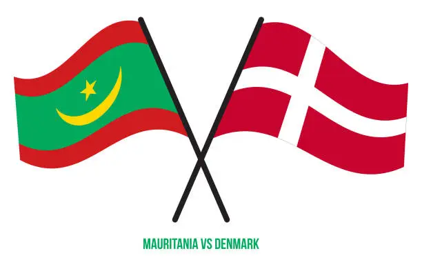Vector illustration of Mauritania and Denmark Flags Crossed And Waving Flat Style. Official Proportion. Correct Colors.
