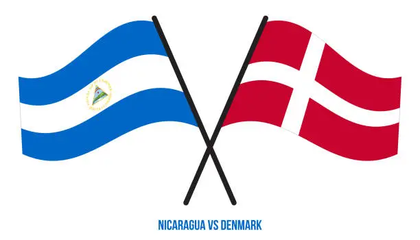 Vector illustration of Nicaragua and Denmark Flags Crossed And Waving Flat Style. Official Proportion. Correct Colors.