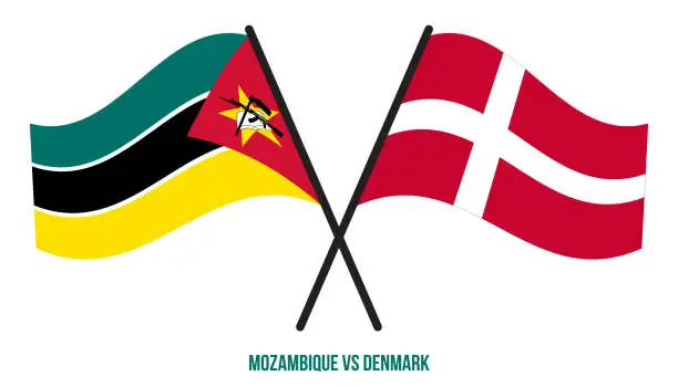 Vector illustration of Mozambique and Denmark Flags Crossed And Waving Flat Style. Official Proportion. Correct Colors.