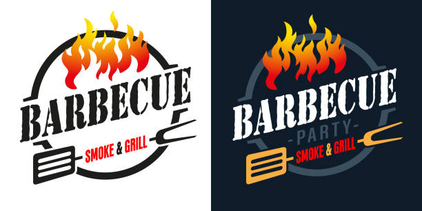 Logo or symbol template. Barbecue or grill devices. BBQ fork with spatula and text Smoke and Grill Logo or symbol template. Barbecue or grill devices. BBQ fork with spatula and text Smoke and Grill. Vector, illustration bbq logos stock illustrations