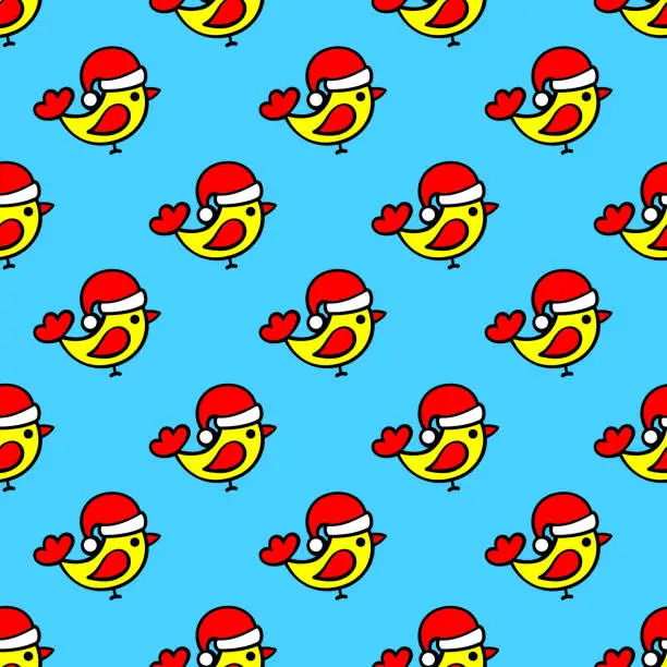 Vector illustration of Yellow birds in a red hat Santa Claus on a blue background. New Years print concept. Seamless pattern for printing on textiles, packaging
