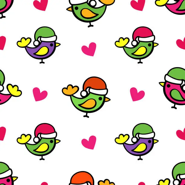 Vector illustration of Colored birds in a hat Santa Claus and hearts on a white background. Christmas print concept. Seamless pattern for printing on textiles, packaging