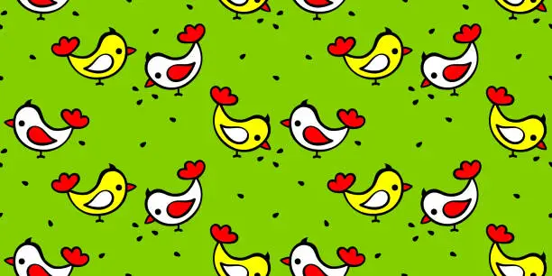 Vector illustration of Cartoon birds or chickens pecking seeds, green background. Seamless pattern for printing on textiles, packaging