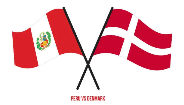 Vector illustration of Peru and Denmark Flags Crossed And Waving Flat Style. Official Proportion. Correct Colors.