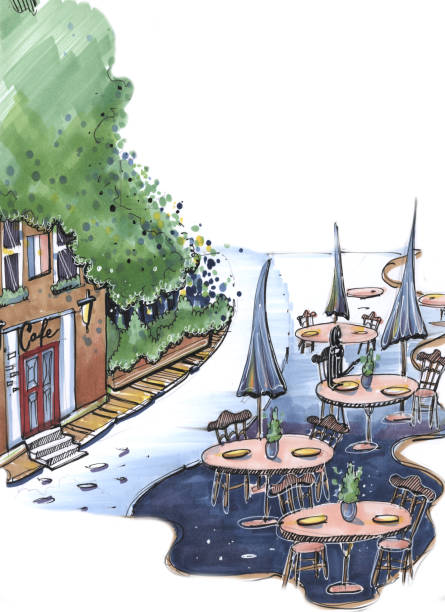 istock illustration under the lettering article or postcard street cafe with tables and chairs around green trees hand drawing urban sketch markers 1331893589
