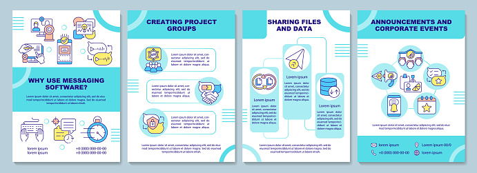 Messaging software brochure template. Sharing files and data. Flyer, booklet, leaflet print, cover design with linear icons. Vector layouts for presentation, annual reports, advertisement pages