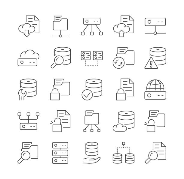 Database and data technology concept Database and data technology concept. Thin line icon set. Outline signs and symbols collection. Editable stroke. Set of flat cartoon vector illustrations isolated on white background lunar module stock illustrations