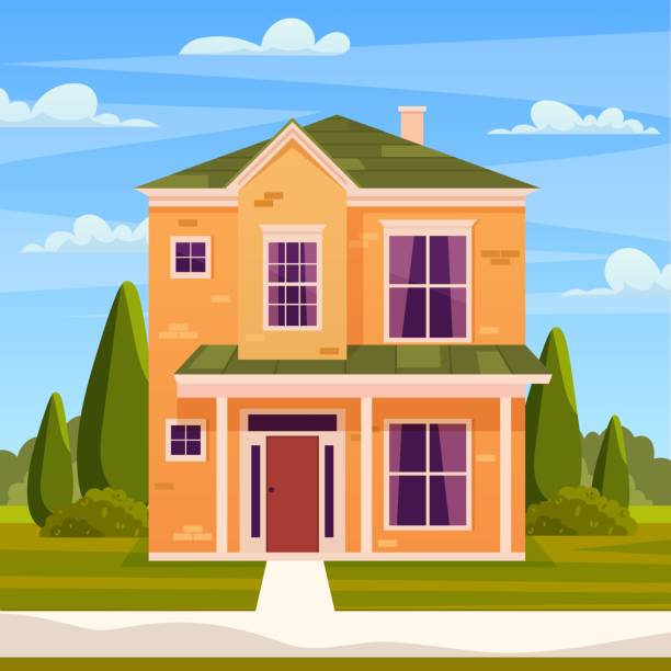 retro style building retro style building. Cartoon apartment house on nature landscape. Suburban house, residential cottage, real estate countryside building. Vector illustration in flat style uk house garden stock illustrations