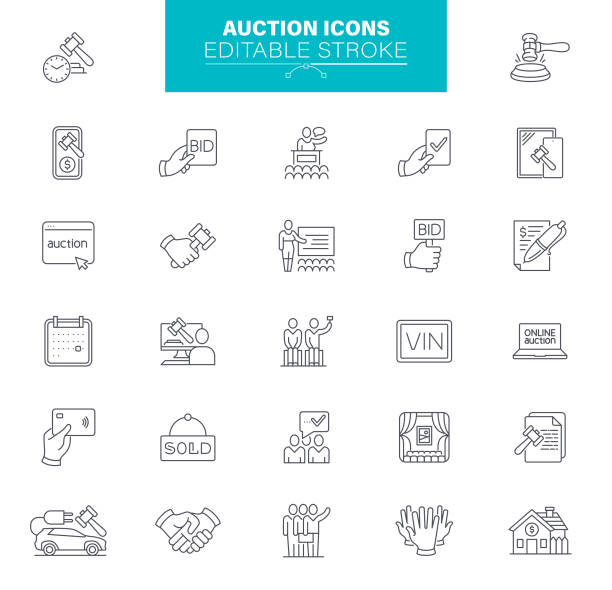 bearbeitbare strichsymbole für auktionen. enthält symbole wie immobilien, bieten, auktionshammer, malerei, deal - bids stock-grafiken, -clipart, -cartoons und -symbole