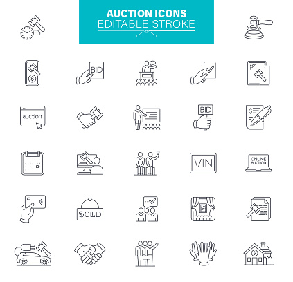 Auction line icon set. Included icons as hammer, price, bidding, judge, editable stroke