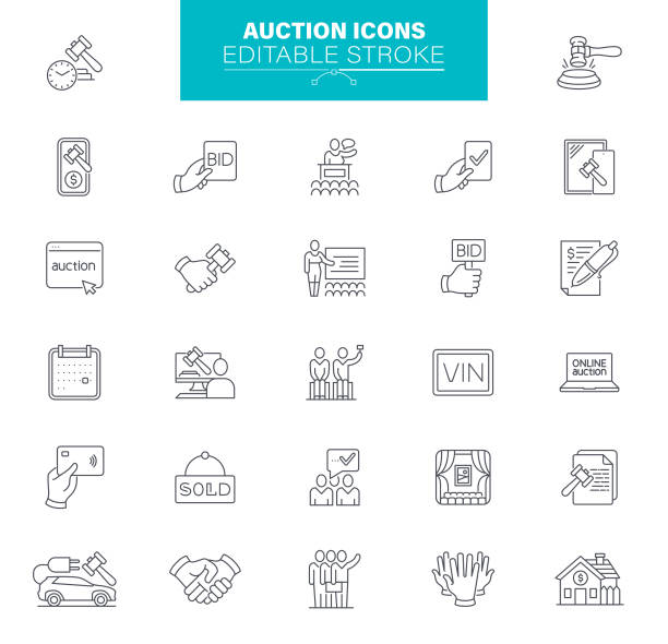 Auction Editable Stroke Icons. Contains such icons as Real Estate, Bidding, Auction Hammer, Painting, Deal Auction line icon set. Included icons as hammer, price, bidding, judge, editable stroke e auction stock illustrations