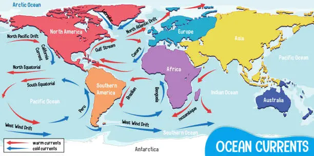 Vector illustration of Ocean currents on world map background