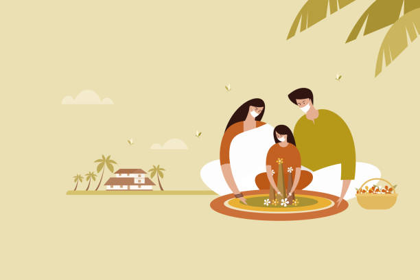 Family wearing protective face masks do floral designs on floor. Concept of Onam festival in Kerala Family wearing protective face masks do floral designs on floor. Concept of Onam festival in Kerala pookalam stock illustrations