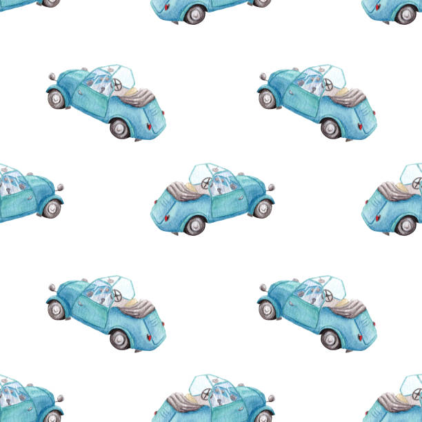 istock Watercolor pattern with blue convertible car on blye background. Design for baby boy clothes, nursery, textiles, stationery, wrapping paper. 1331898961