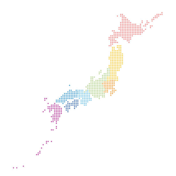 illustrazioni stock, clip art, cartoni animati e icone di tendenza di mappa del giappone disegnata con motivi a forma di croce - okinawa prefecture