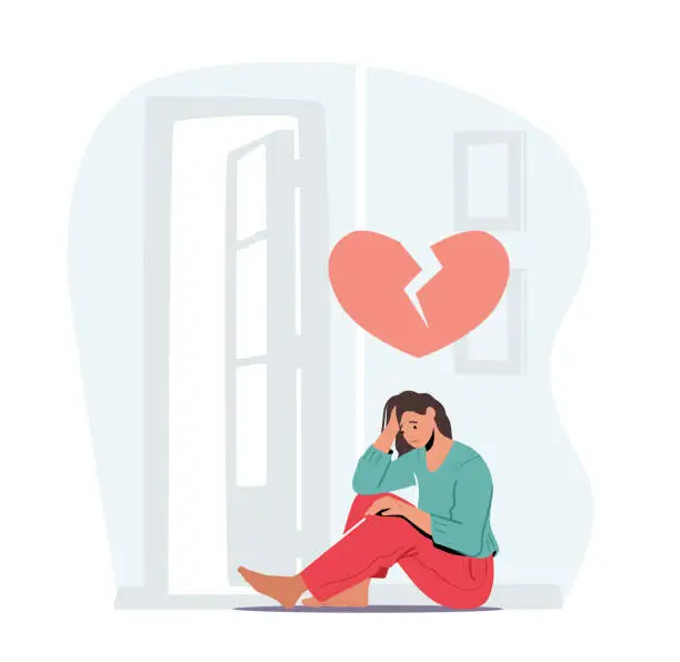 Vector illustration of Depressed Heartbroken Woman Sit on Floor with Pieces of Red Broken Heart and Crying. End of Love and Loving Relations