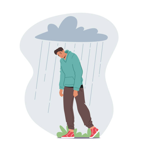 うつ病や不安の問題に苦しむうつ病の不安な男は、頭の上に雨の雲の下を歩いてイライラ感じる - 憂鬱点のイラスト素材／クリップアート素材／マンガ素材／アイコン素材