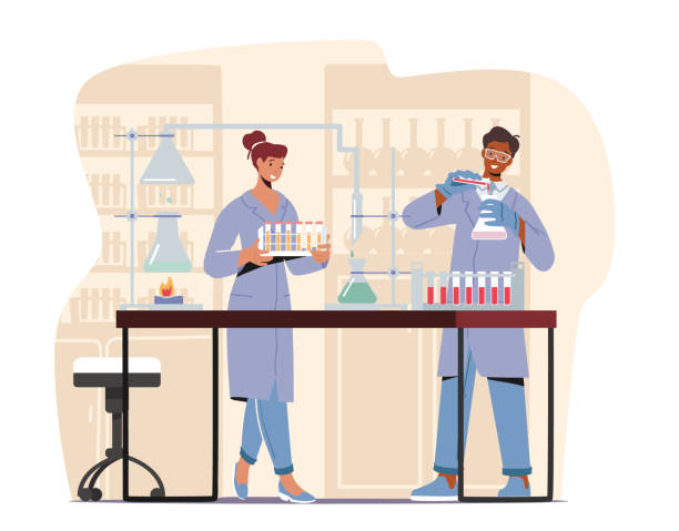 Scientists Chemists Conduct Chemical Experiment and Scientific Research in Science Lab, Man Pour Reagent into Beaker Scientists Chemists Conduct Chemical Experiment and Scientific Research in Science Laboratory, Man Pour Reagent into Beaker, Woman Carry Test Tubes, Scientific Chemistry. Cartoon Vector Illustration beaker pour stock illustrations