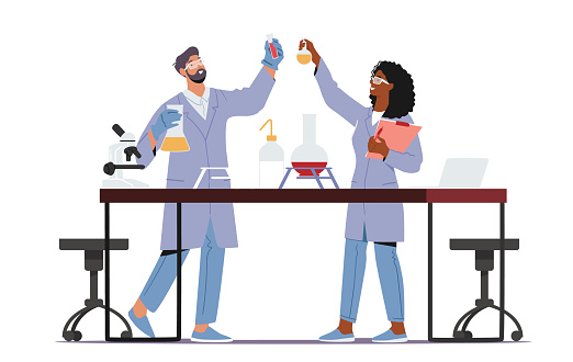 Scientists Wearing Lab Coats Conducting Experiments and Scientific Research in Laboratory. Chemistry Science Staff, Technicians Hold Test Tubes Work with Equipment. Cartoon People Vector Illustration