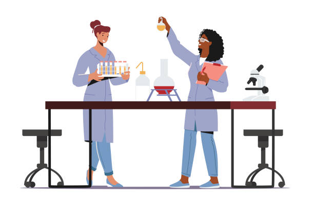 과학 실험실에서 코트 행동 실험의 과학자 여성 문자. 여성 화학자 조사 실시 - scientist vector women science stock illustrations