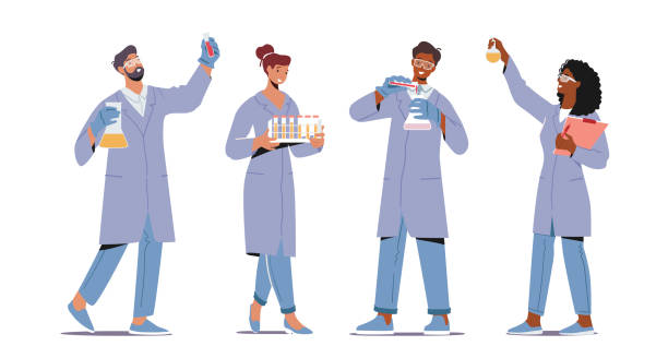 비커와 화학자의 집합. 화학 직원 작업, 과학 기술자는 과학 실험실에서 연구 또는 실험을 수행 - lab items stock illustrations