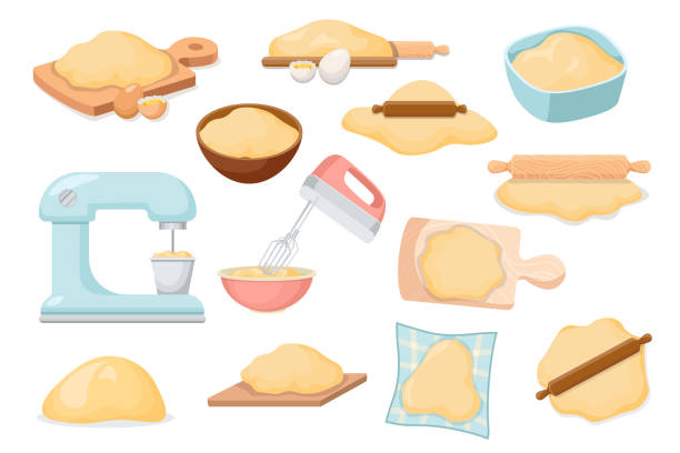 ilustrações, clipart, desenhos animados e ícones de conjunto de ícones massa, ingredientes de padaria, utensílios de cozinha e ferramenta para cozinhar padaria. rolo, tábua de corte, ovos - dough
