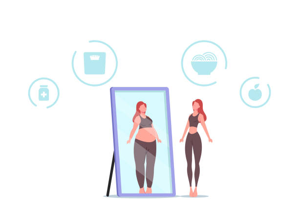 Woman Feel Guilty and Hate Appearance in Mirror Look herself Fat. Anorexia or Bulimia Concept. Female Refuse Eating Woman Feel Guilty and Hate Appearance in Mirror Look herself Fat. Anorexia or Bulimia Concept. Female Characters with Mental Disorder Refuse Eating, Loss Weight. Cartoon People Vector Illustration eating disorder stock illustrations