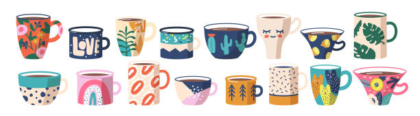 Set Tea or Coffee Cups. Ceramic Crockery, Various Mugs with Trendy Ornament Cats, Lips, Rainbow and Palm Leaves, Lemon Set of Tea or Coffee Cups. Ceramic Crockery, Various Mugs with Trendy Ornament Cats, Lips, Rainbow and Palm Leaves, Lemon, Cacti Flowers, Abstract Spots and Patterns. Cartoon Vector Illustration mug stock illustrations