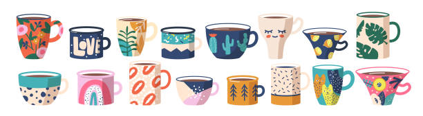 Set Tea or Coffee Cups. Ceramic Crockery, Various Mugs with Trendy Ornament Cats, Lips, Rainbow and Palm Leaves, Lemon Set of Tea or Coffee Cups. Ceramic Crockery, Various Mugs with Trendy Ornament Cats, Lips, Rainbow and Palm Leaves, Lemon, Cacti Flowers, Abstract Spots and Patterns. Cartoon Vector Illustration hot mix plant stock illustrations