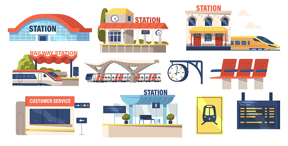 Set of Icons Railway Station Building, Plastic Seats, Electric Train, Platform, Customer Service Booth and Digital Schedule Display, Clock Isolated on White Background. Cartoon Vector Illustration
