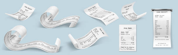 Realistic payment paper bills for cash or credit card. Atm, cafe or restaurant paper financial check Realistic payment paper bills for cash or credit card. Atm, cafe or restaurant paper financial check. Set of white paper with purchase invoice. 3d vector illustration receipt stock illustrations