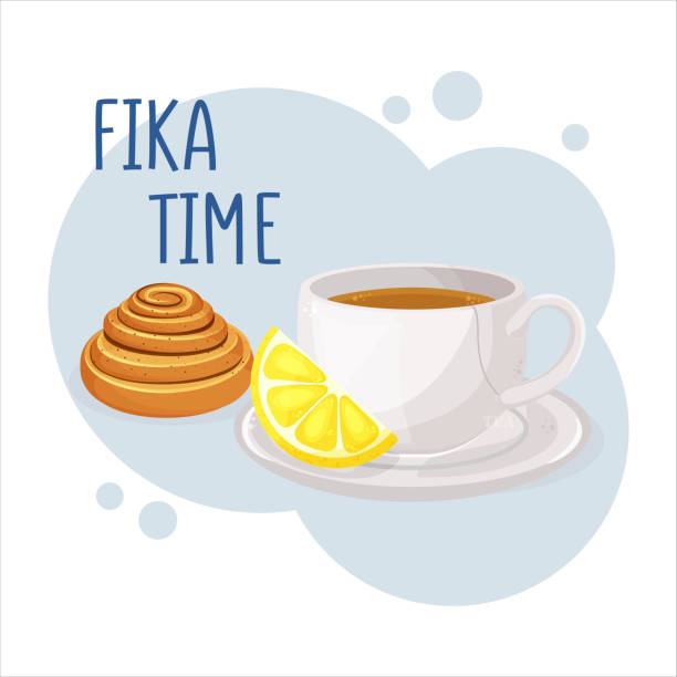 Cup of coffee or tea and kanelbulle. Coffee break fika concept. Isolated hand drawn vector illustration of cute breakfast food. Vector illustration Cup of coffee or tea and kanelbulle. Coffee break fika concept. Isolated hand drawn vector illustration of cute breakfast food. Vector illustration kanelbulle stock illustrations