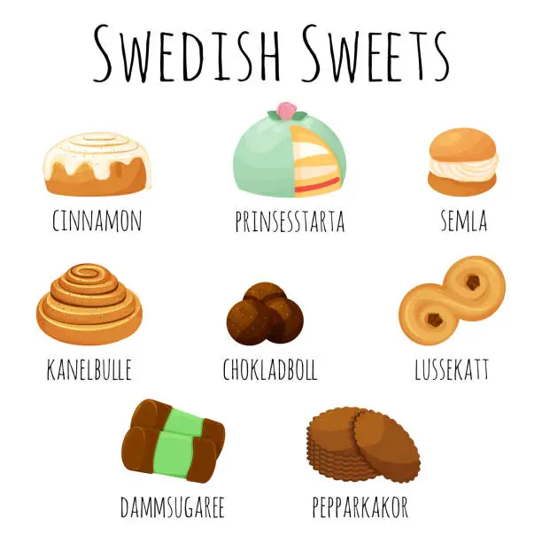 Vector illustration of Traditional swedish sweets set. Kanelbulle roll, cinnamon bun, prinsesstarta, semla, chokladboll, lussekatt, dammsugare and pepparkakor ginger cookies. Vector illustration in the cartoon style. Vector illustration