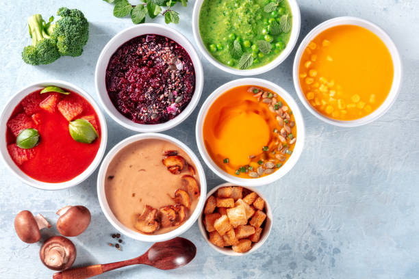istock Vegan soup assortment with copy space, healthy vegetable detox diet 1331902475