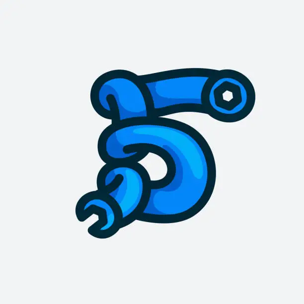 Vector illustration of Number five logo made of a wrench.