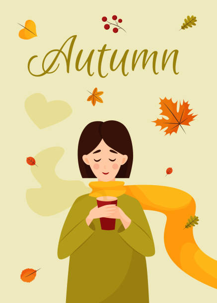 가을에 나뭇잎이 있는 컵을 들고 있는 소녀 - scarf blowing women autumn stock illustrations
