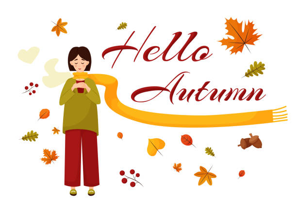 herbstpostkarte mit einem mädchen mit tasse, blättern und schriftzug - scarf blowing women autumn stock-grafiken, -clipart, -cartoons und -symbole