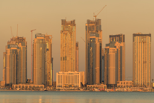 Dubai, United Arab Emirates - 2nd November, 2019: Modern real estate property development coming up at the Dubai creek harbour in Dubai.