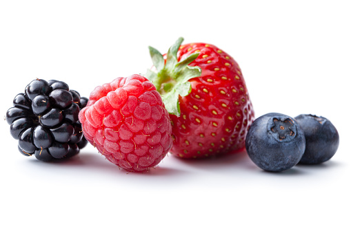 Fruit: Strawberry, Raspberry, Blueberry and Blackberry Isolated on White Background