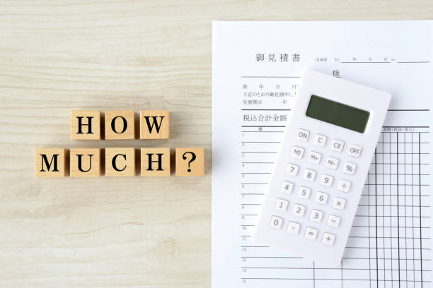 Japanese quotation and wooden blocks with "HOW MUCH?" word stock photo