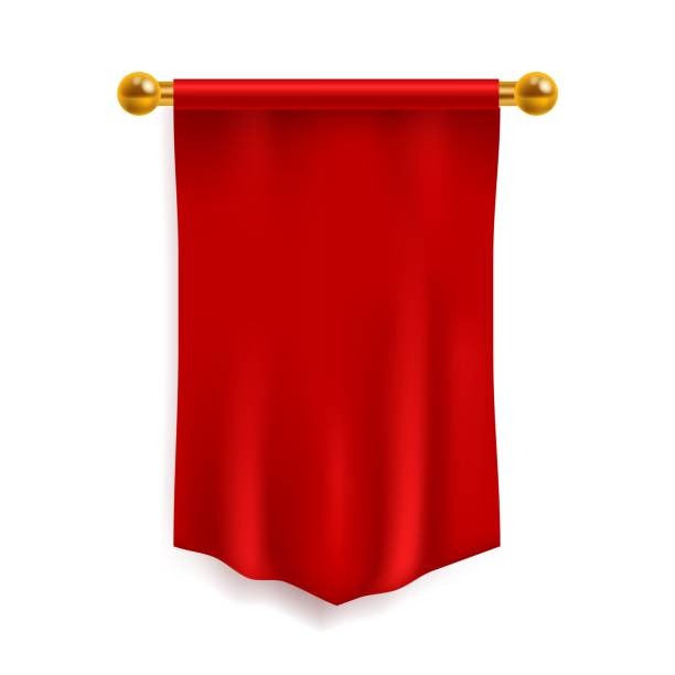 istock Pennant red. 3d realistic textile flag. Silk or velvet empty material. Hanging on wall mockup for advertising or logo, marketing branding template, vector isolated illustration 1331910717